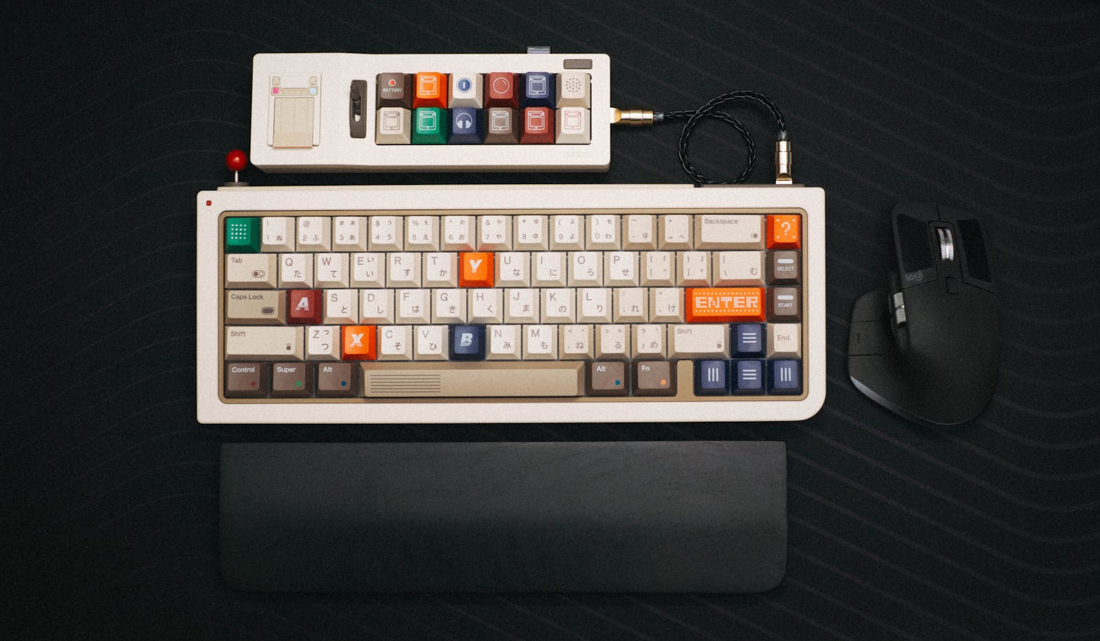 Sketches and keycap colour studies under warm lamp light.
